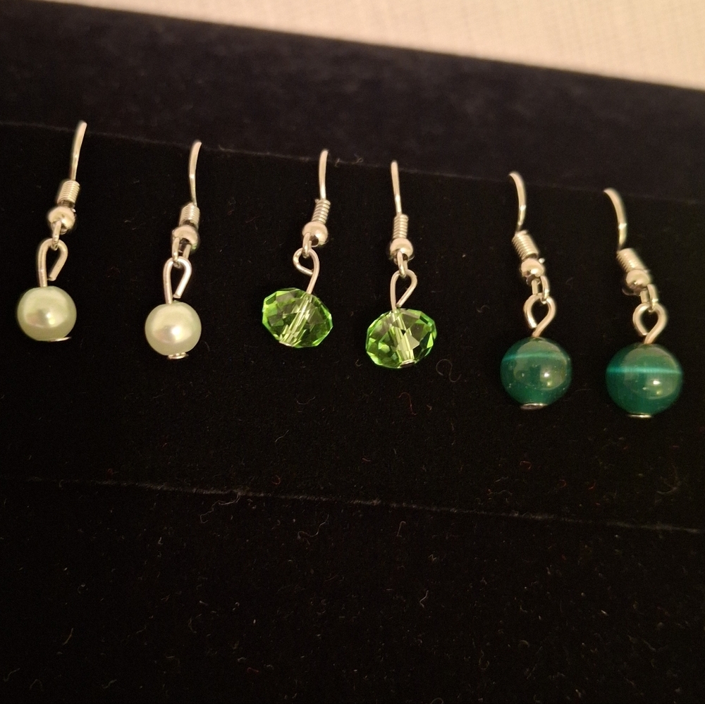 Green Bead Dangle Earrings - Set of 3